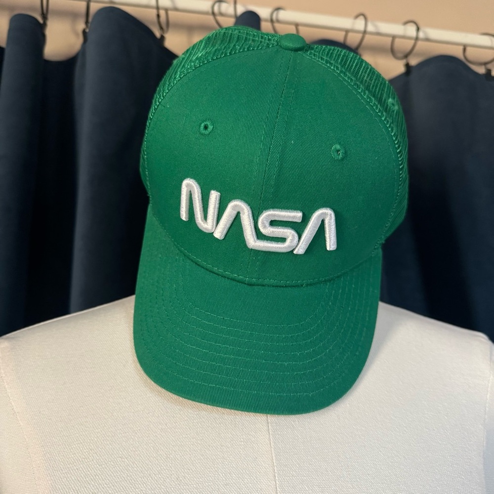 NASA Worm Insignia Structured Space Mesh Trucker Baseball Cap Green